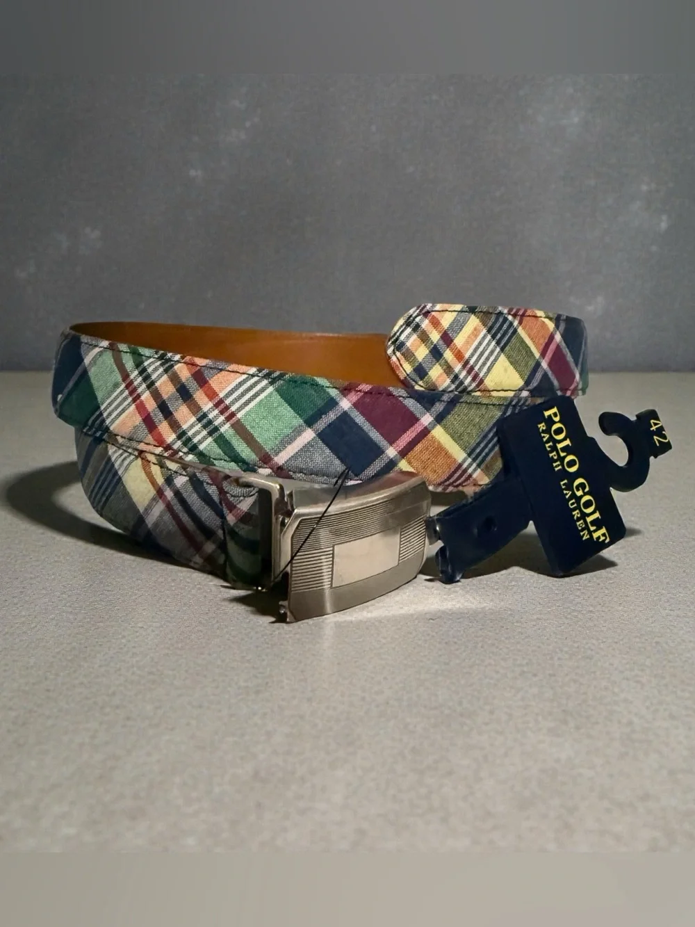 Polo Golf Ralph Lauren Men’s Plaid Belt Size 42 NWT Multicolor Leather